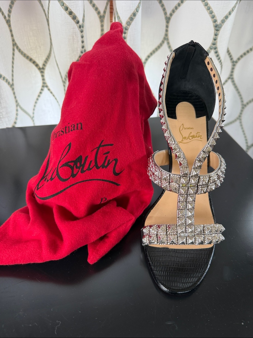 Christian Louboutin Black Crystal T-Strap Satin Sandals Diwali
